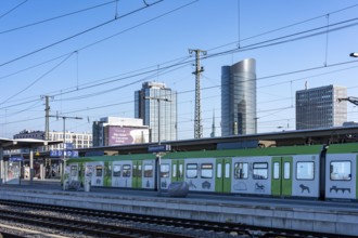 The skyline of the city center of Dortmund, seen from the main train station, S-Bahn, North