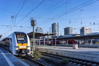 The skyline of the city center of Dortmund as seen from the main train station, Rhine-Ruhr Express,
