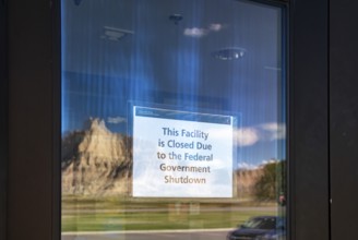 Badlands National Park, South Dakota - Badlands rock formations are mirrored in the door of the
