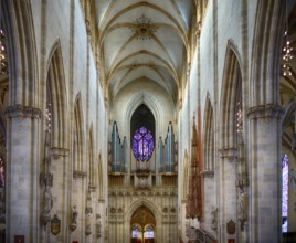 Interior view, main organ on the west gallery, central aisle facing west, Our Lady of Ulm, Ulm