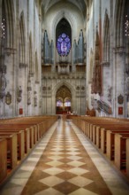 Interior view, main organ on the west gallery, central aisle facing west, Our Lady of Ulm, Ulm