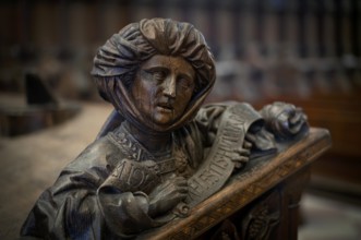 Interior view, picture carving in choir stalls, Ulm, Baden-Württemberg, Germany