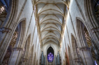 Interior view, main organ on the west gallery, central aisle facing west, vaulted ceiling, church