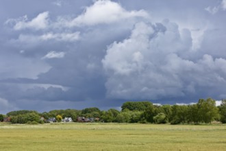 A wide field under dramatic sky with houses on the horizon, Peenetal nature park Park,