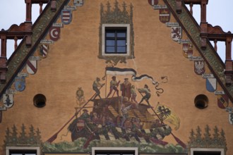 Painted façade, fresco cycle, town hall, old town, Ulm, Baden-Württemberg, Germany