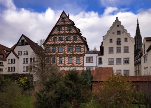 City view, half-timbered houses, red diamonds, city wall, Fischergasse, Fischerviertel, Our Lady of