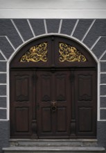 Portal, ornaments, door knob, knocker, historic Leube house, Leube house, old town, Ulm,