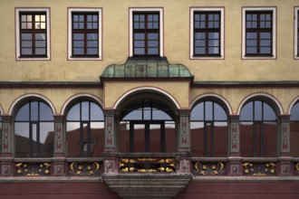 Balcony, historic house of the city's history, Schwörhaus am Weinhof, city archive, old town, Ulm,