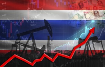 Oil production with Thailand flag, petrol industry. Oil pumps with Thai flag