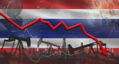 Fall oil price with Thai flag on economic chart, Petrol crisis with Thai flag on financial graph