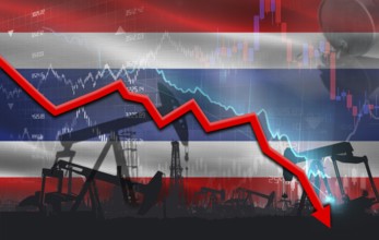 Crude crisis with Thai flag on financial graph. Fall oil price with flag of Thailand on economic