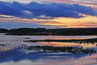 Colorful sunset over a lake with beautiful reflections in the water, Peenetal nature park Park,