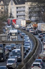 Autobahn A40, Ruhrschnellweg, traffic jams on both roads, at the Ruhrschnellwegstunnel in Essen,