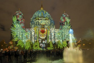 Festival of Lights Cathedral with Spingbrunnen Berlin Germany