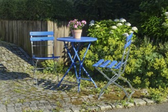 Blue garden chairs with small round table, idyll, petunias (petunia) in a plant pot, paving stones,