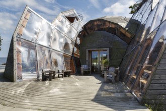 Wood and glass construction, modern architecture, terrace in front of Domen Cultural Center,