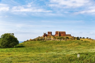 Ruins of Hammershus Fortress, medieval castle ruins on a cliff, tourist attraction, Baltic Sea on