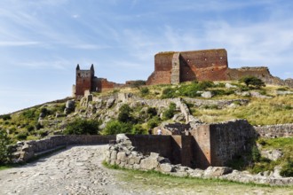 Ruins of Hammershus Fortress, medieval castle ruins on a cliff, ring wall, tourist attraction,