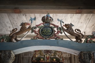 Royal coat of arms with lions holding halberds, Garmo Stave Church, Maihaugen open-air museum with