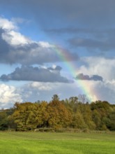 Rainbow in front of gray clouds Cumulus at the top bottom of gray stratocumulus, green field below