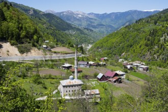 Village with a mosque in a green valley surrounded by mountains, Paksadzeebi, Ajara region, Ajara,
