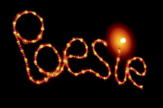 Glowing lettering 'poetry' made of colorful lights on black background, warm atmosphere, Germany