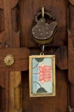 Solid wooden door with lock and lotus key pendant, Karni Fort Bambora Palace Hotel, Bambora,
