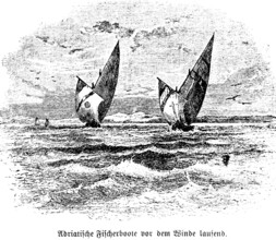 Fishing boats on the Adriatic sea with the aft wind, full sail, spinnaker headsail, swell, high