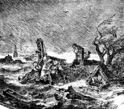 Devastation of the North Sea, storm surge of 1834 on the Halligen, North Frisia,