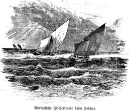 Fishing boats fishing in the Adriatic, wooden boats, sailboats, high waves, strong wind, cloud