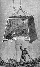 Diver with diving bell, then caisson, at the bottom of the sea, depth, diving suit, oxygen mask,