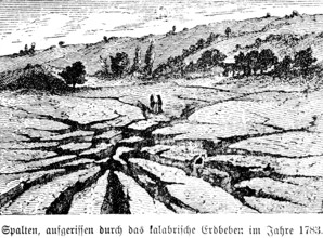 Earth crevices created by the 1783 earthquake in Calabria, mountain landscape with crevices, trees,