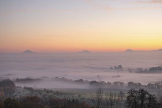 Three Kaiserberge mountains in golden morning light, Hohenstaufen, Aichelberg. Spectacular dawn