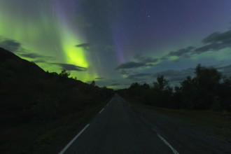 Road with northern lights at dawn at Sørfolda Fjord near Kjerringøy between Bodø and Sørfold in
