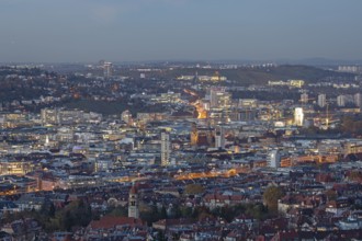 Evening view from Haigst of the glowing city center of Stuttgart Germany