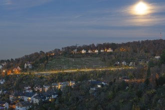 Dusk with full moon on the Neue Weinsteige in Stuttgart Germany