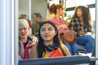 Young woman looking away while commuting on a bus with a diverse group of passengers, representing