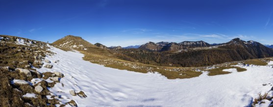 Snowfield on the Trattberg Alm with a view of the Osterhorn Group, Salzkammergut, Salzburg, Austria