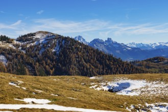 Trattberg Alm with a view of the Hochbühel and Dachstein Massif, Osterhorn Group, Salzkammergut,