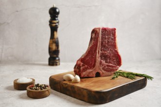 A thick cut of raw t-bone steak on a wooden cutting board with cloves of garlic, fresh rosemary,