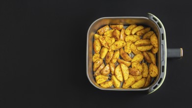 Top view of golden brown potato wedges in an air fryer basket against a dark background. These