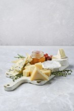 Fine selection of cheeses, honey, and herbs arranged artfully on a platter. Cubes of aged cheese,