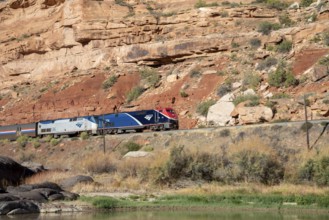 Loma, Colorado - Amtrak's California Zephyr travels along the Colorado River in Ruby Canyon