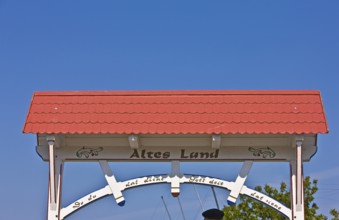 Welcome sign, entrance portal, Jork, Altes Land, Lower Saxony, Germany