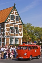 Volkswagen T1, fire truck, van, historic commercial vehicle, town hall, half-timbered house,