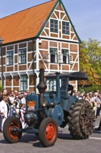 Tractor, parade, blossom festival, York, town hall, Altes Land, Lower Saxony, Germany