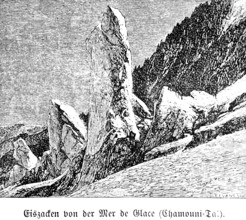 Icicles on the Mer de Glace, Chamonix Mont Blanc, France, travel picture, French Alps, historical