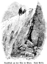 Rift at the Mer de Glace, Chamonix Mont Blanc, France, measurements, two people, glacier, rocks,