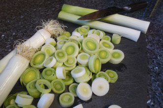 Southern German cuisine, preparation of leek vegetables, cut leeks, raw vegetables, vegetarian,