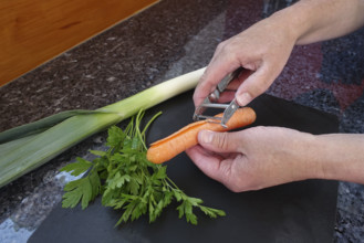 Southern German cuisine, preparation of vegetables, carrot, leek, parsley, raw carrot peel, paring